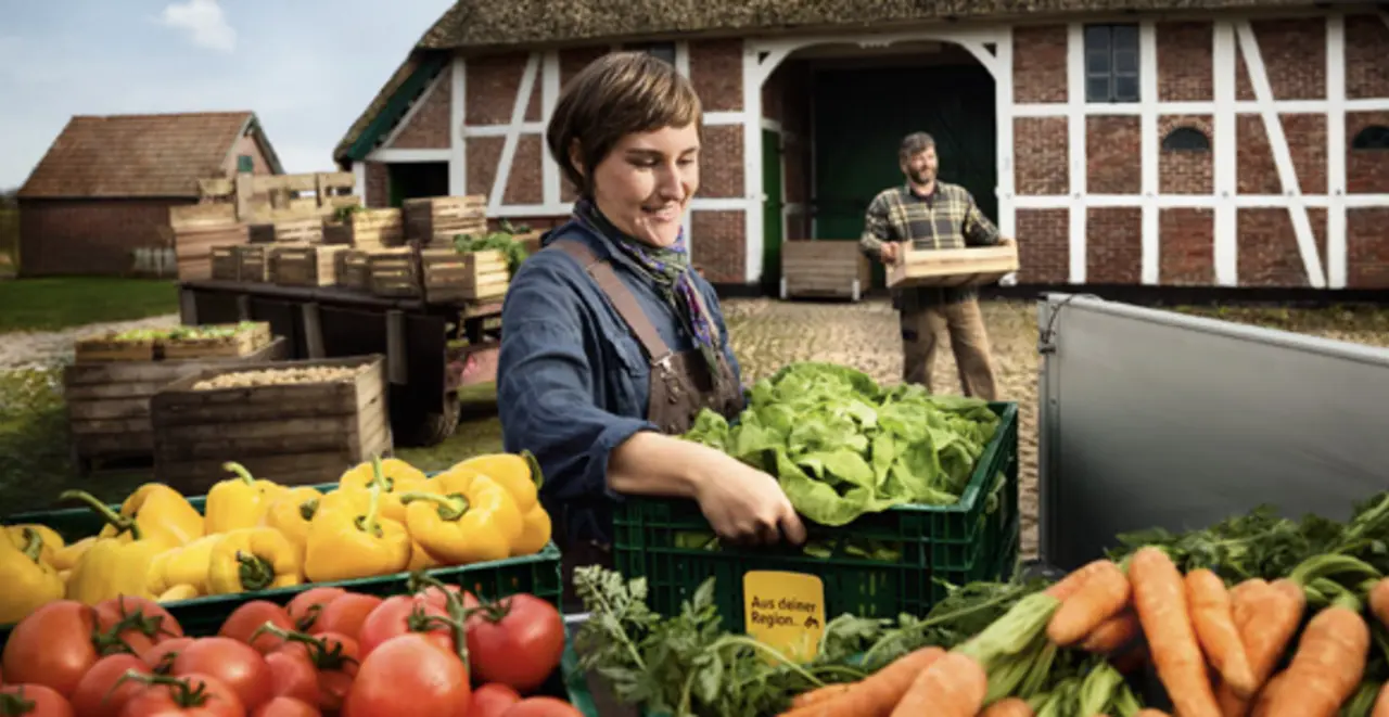 Zwei Landwirt:innen bereiten Kisten mit verschiedenen Obst- und Gemüsesorten für den Transport zu REWE vor. In den Kisten stecken gelbe Schilder mit der Aufschrift „Aus deiner Region“.