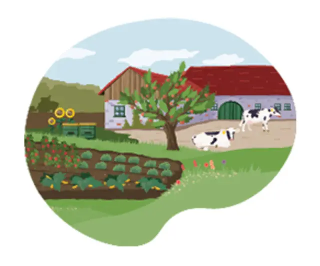 Ein illustrierter Bio-Hof. Um ein Feld herum wachsen Sonnenblumen und Obstbäume.
