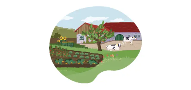 Ein illustrierter Bio-Hof. Um ein Feld herum wachsen Sonnenblumen und Obstbäume.