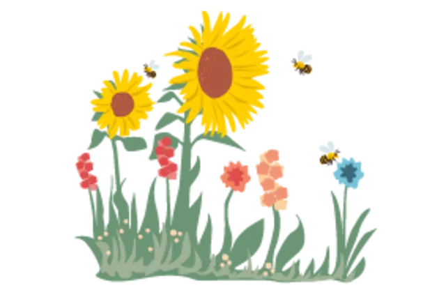 Die Illustration zeigt Bienen auf einer blühenden Wiese.
