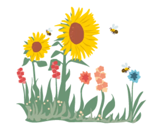 Die Illustration zeigt Bienen auf einer blühenden Wiese.