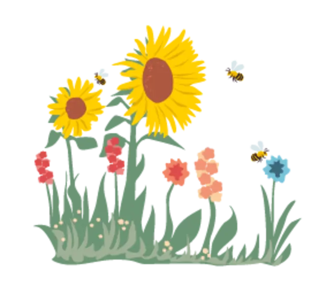 Die Illustration zeigt Bienen auf einer blühenden Wiese.