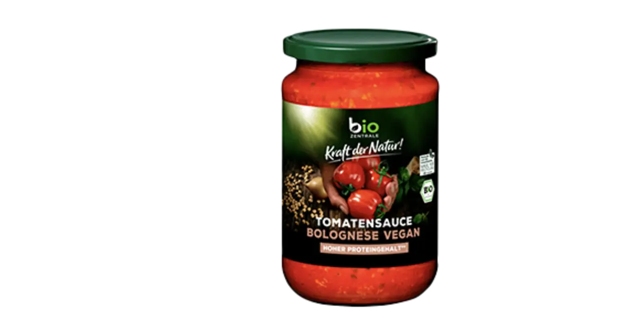 Eine Packung Biozentrale Bio Tomatensauce Bolognese Vegan.