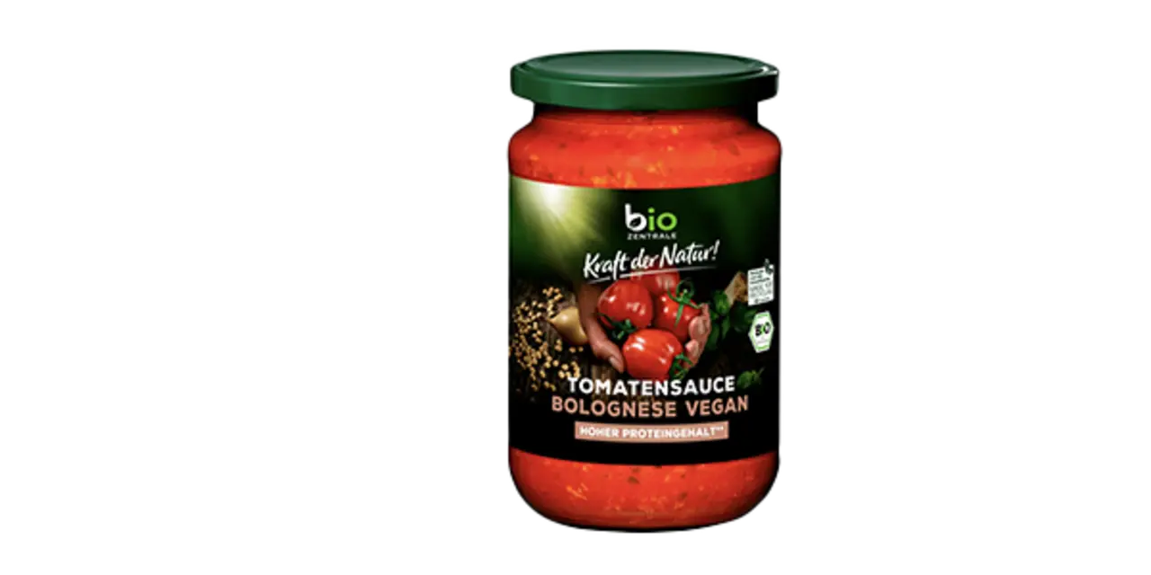 Eine Packung Biozentrale Bio Tomatensauce Bolognese Vegan.