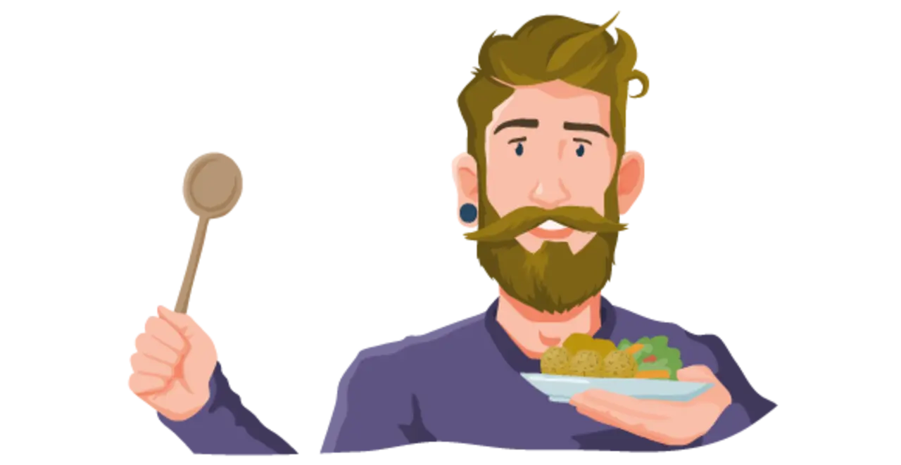 Ein illustrierter Hobby-Koch hält einen Teller mit veganen Gemüsebällchen und appetitlicher Salatbeilage. 