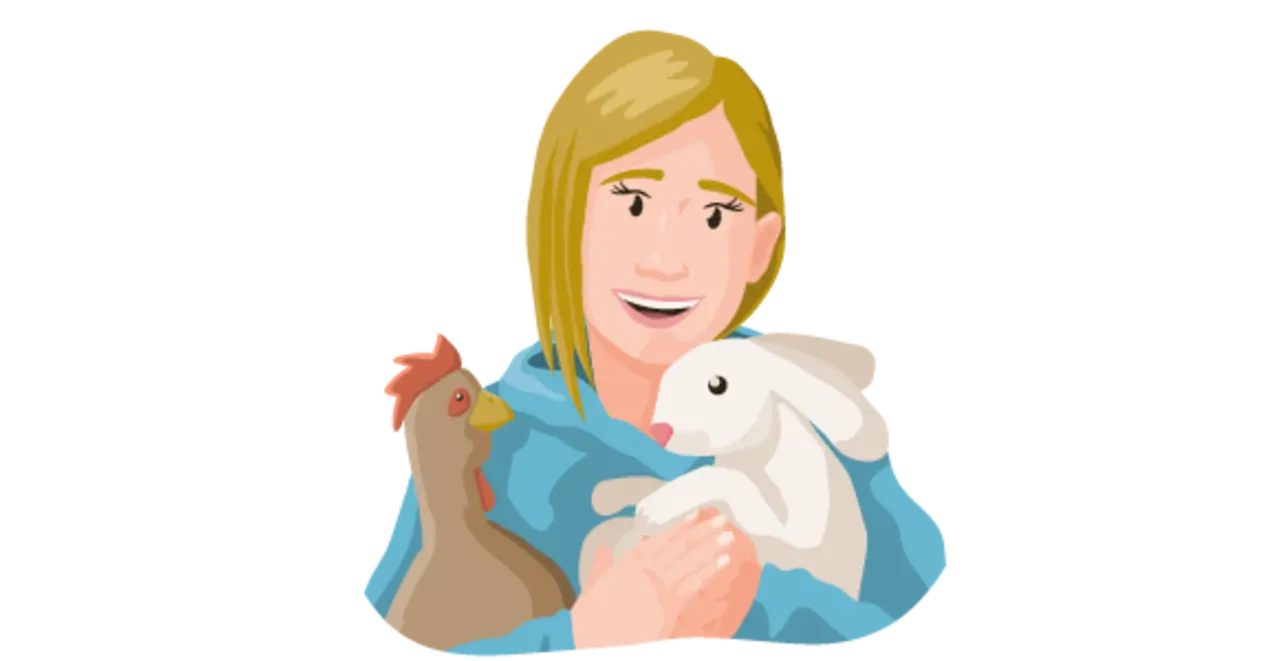 Eine illustrierte Tierfreundin hält ein Huhn und ein Kaninchen im Arm. 