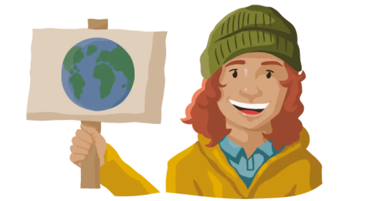 Ein illustrierter Klimaschützer hält ein Demonstrationsplakat hoch. Darauf ist eine blaue Weltkugel zu sehen.