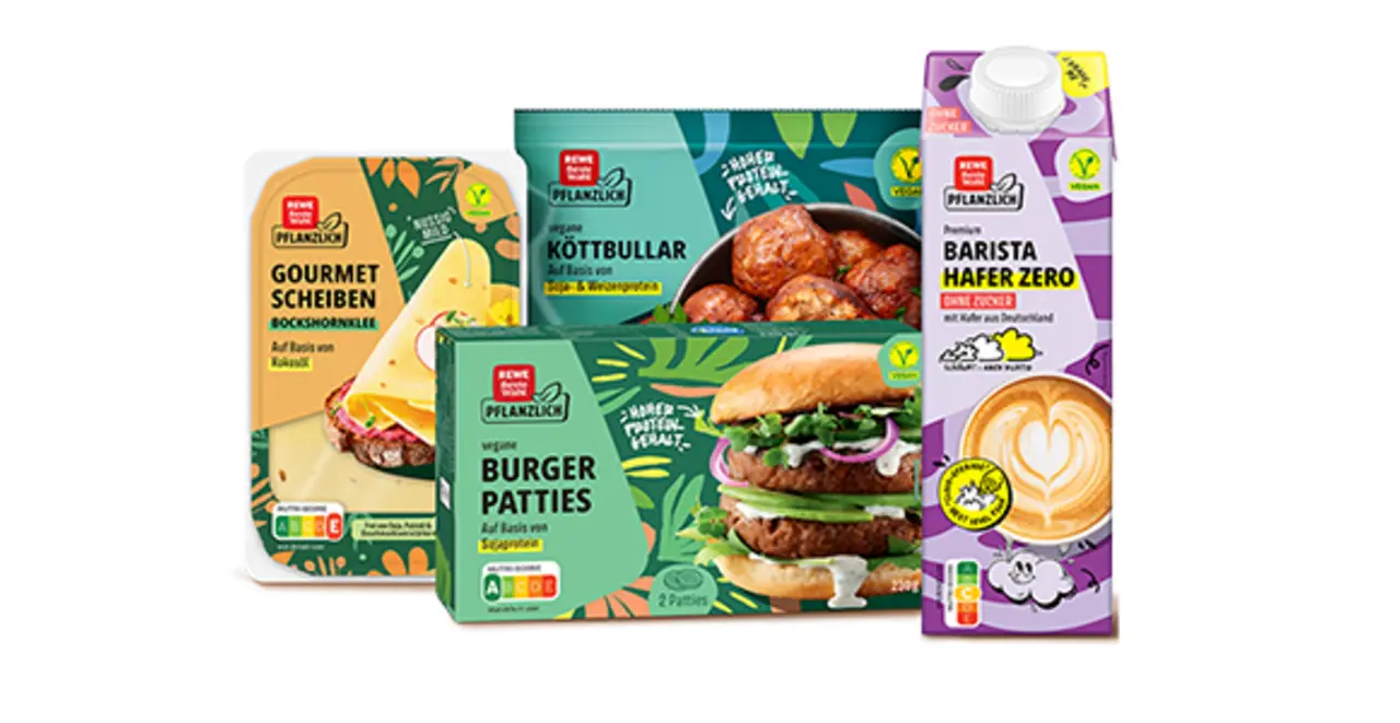Eine vielseitige Auswahl an veganen REWE Beste Wahl Produkten.