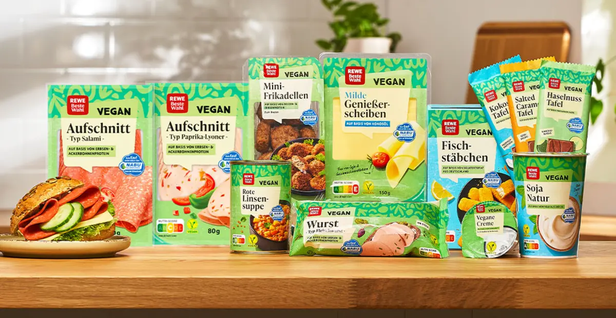 Eine vielseitige Auswahl an veganen REWE Beste Wahl Produkten.
