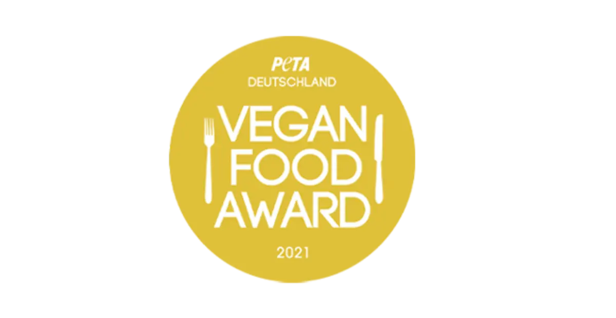 Die Auszeichnung „Vegan Food Award 2021“ der PETA. 