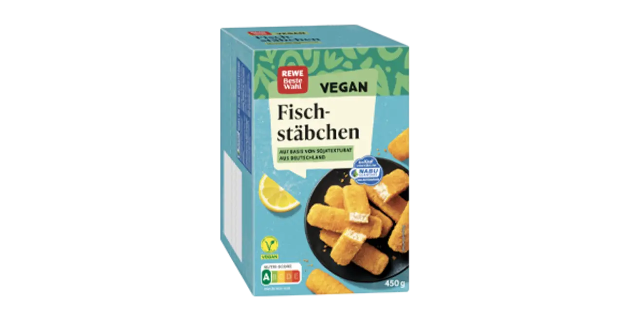 Eine Packung REWE Beste Wahl Vegane Fischstäbchen.