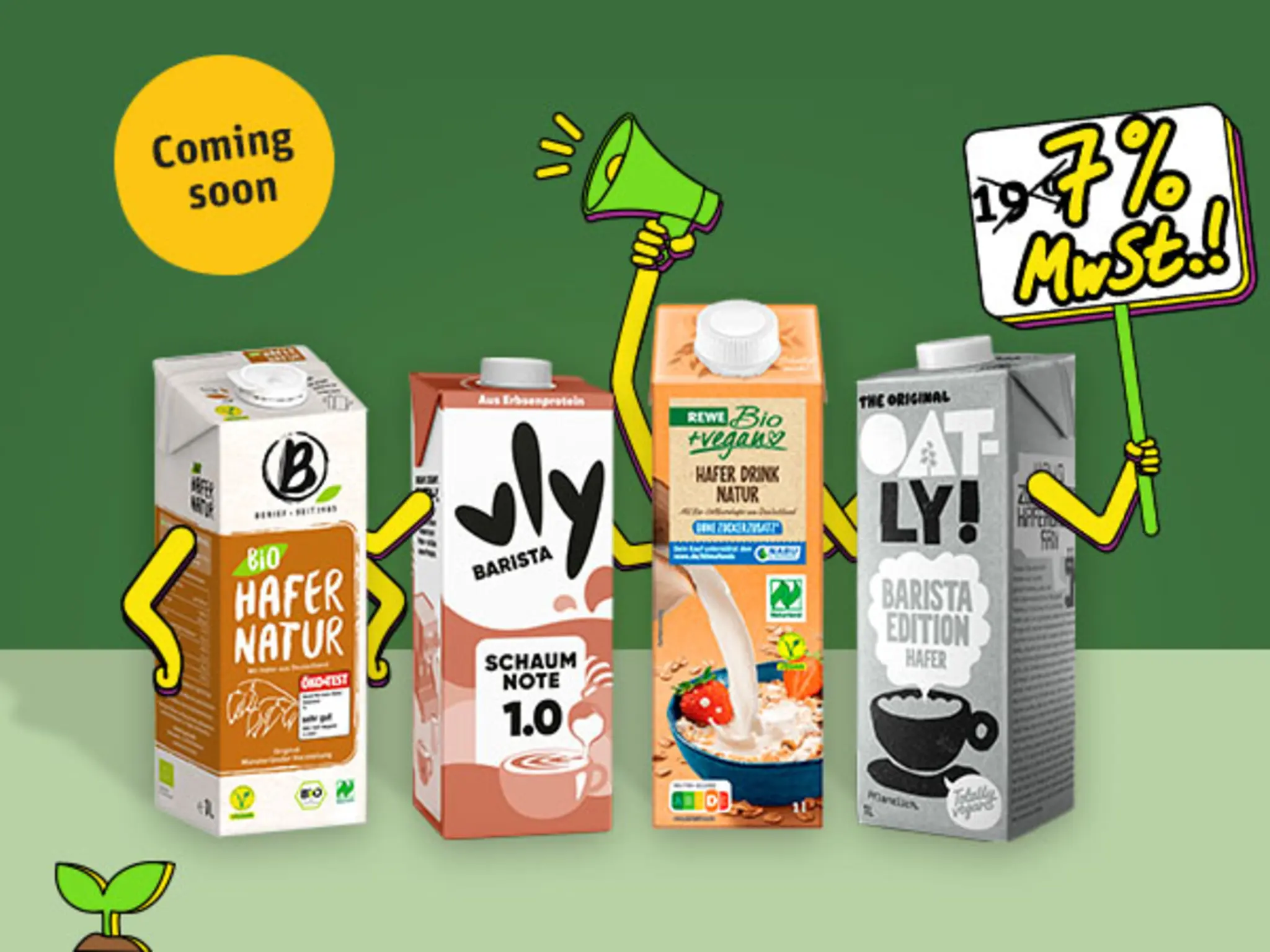Die Collage zeigt Pflanzenmilch-Packungen von Berief, vly, REWE Bio + vegan und Oatly. Sie haben illustrierte Arme und Beine und halten ein Demo-Plakat mit der Botschaft „7 % statt 19 % MwSt.“
