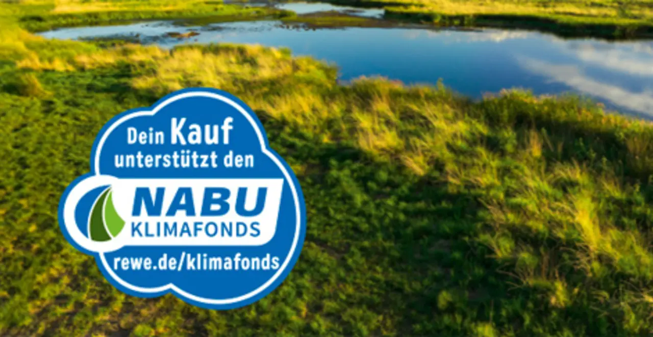 Eine Moorlandschaft von oben. Auf dem Bild steht ein blauer Störer mit der Aufschrift „Dein Kauf unterstützt den NABU-Klimafonds. rewe.de/klimafonds“