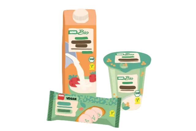 Drei illustrierte REWE Bio + vegan Produkte stehen stellvertretend für das gesamte vegane Sortiment.