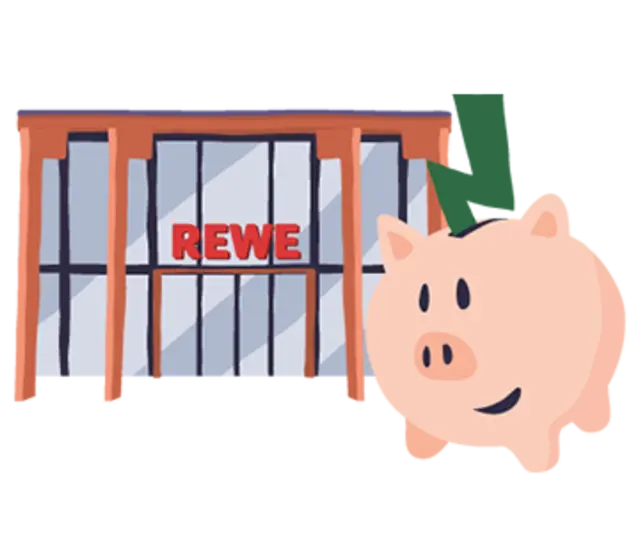 Ein illustriertes Sparschwein vor einem REWE Green Building. Ein grüner Blitz symbolisiert Grünstrom.