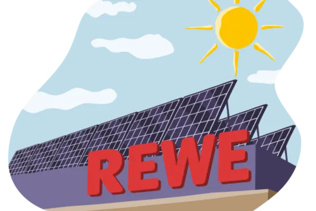 Eine illustrierte Solaranlage auf dem Dach eines REWE Marktes. 