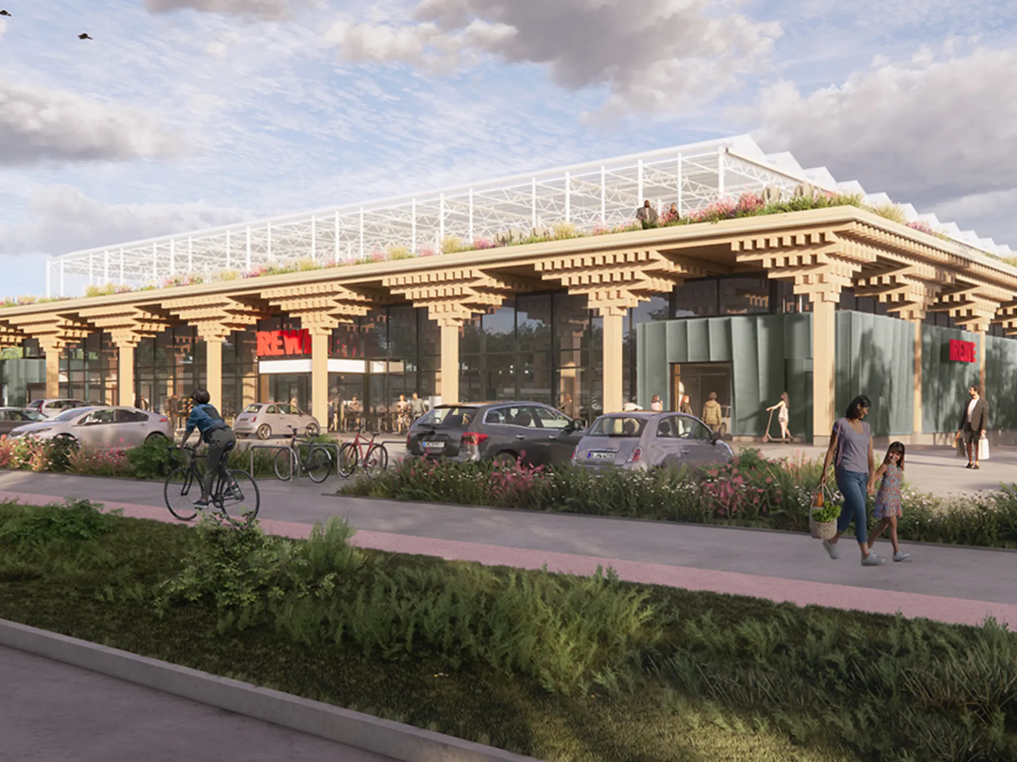 Ein Blick von der Straße auf den Green Farming Markt. Dank der Grünflächen kann Regenwasser versickern.