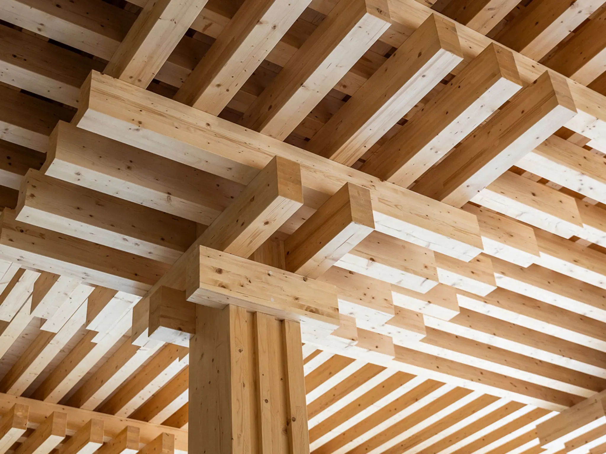 Stützen aus gestapelten Nadelhölzern bilden das Tragwerk des Green Farming Marktes in Berlin. 