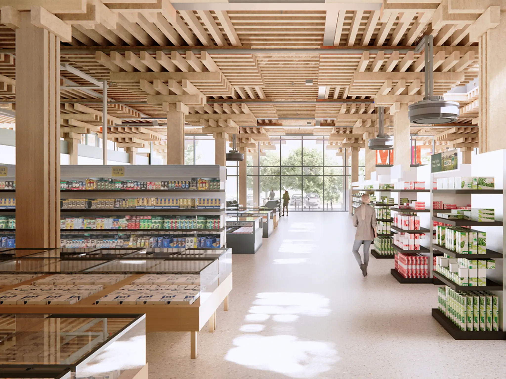 Ein Blick in den hellen Innenbereich des Green Farming Marktes. 