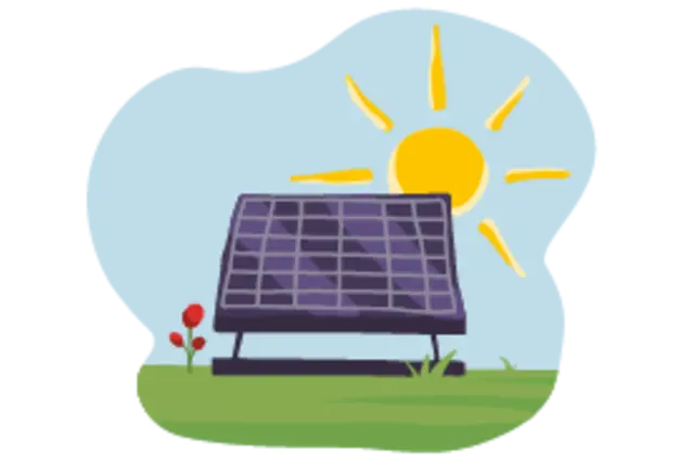 Eine Illustration zeigt ein Solarpanel. Im Hintergrund sieht man die strahlende Sonne. Vor dem Panel wächst eine kleine rote Blume.