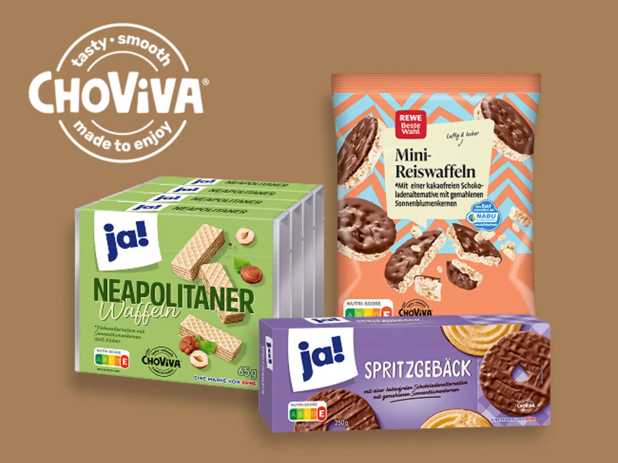 Ja! Neapolitaner Waffeln, Ja! Spritzgebäck und REWE Beste Wahl Mini-Reiswaffeln mit ChoViva.