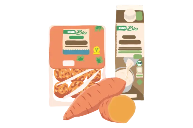 Eine Illustration mit verschiedenen REWE Bio Produkten.