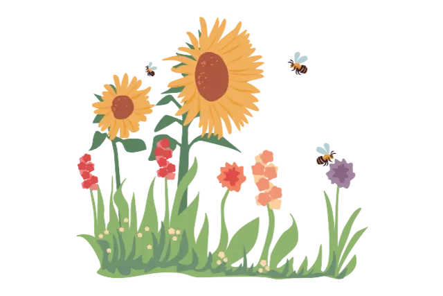Die Illustration zeigt eine Wildblumenwiese mit Wildbienen und anderen Insekten. 