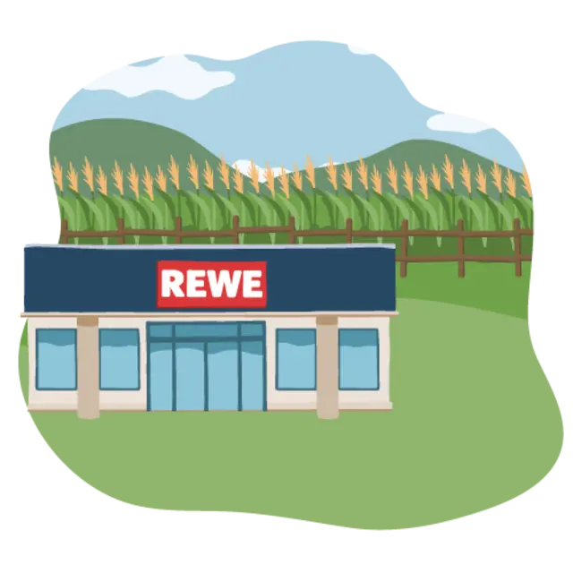 Illustration Feld, das direkt an einen REWE Markt angrenzt