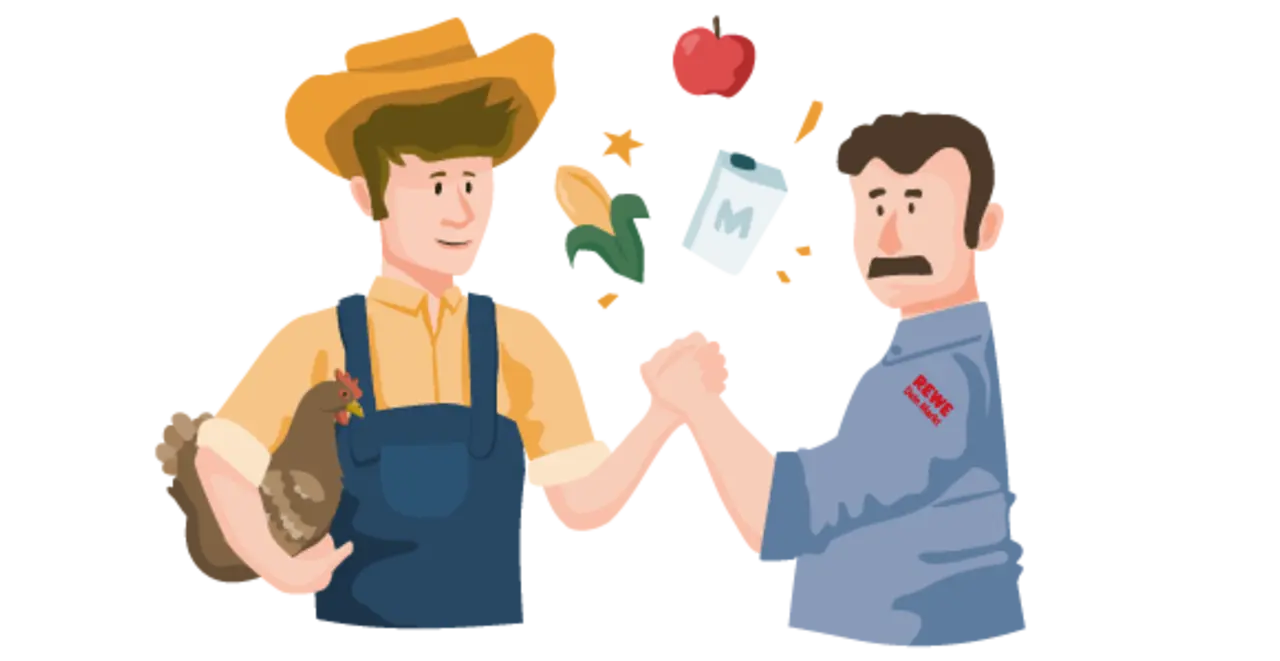 Ein illustrierter REWE Lokalpartner und ein illustrierter REWE Kaufmann bekräftigen ihre Zusammenarbeit per Handschlag. 