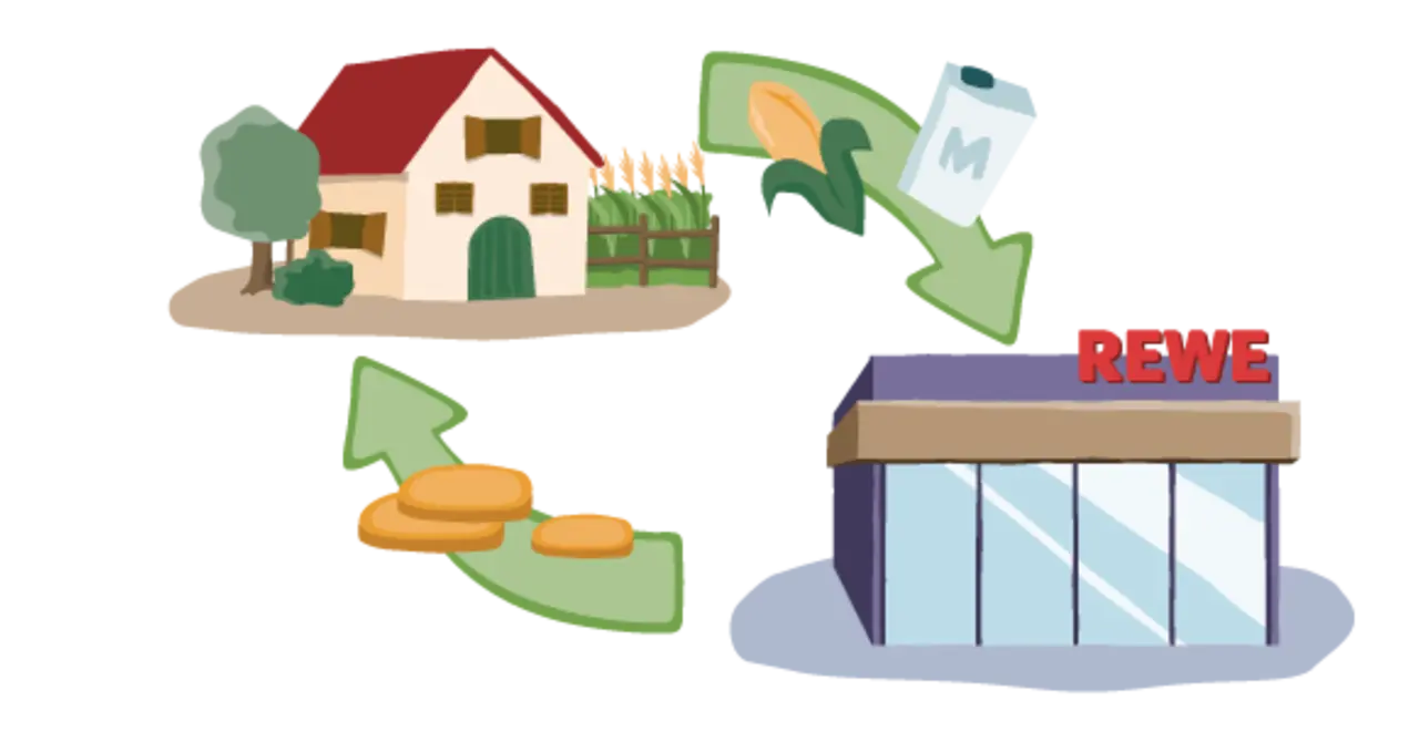 Eine Illustration zeigt ein wichtiges Prinzip der REWE Lokal-Partnerschaft: Frische Produkte kommen direkt vom lokalen Betrieb in einen REWE Markt. Dafür geht gutes Geld von REWE an den lokalen Betrieb.
