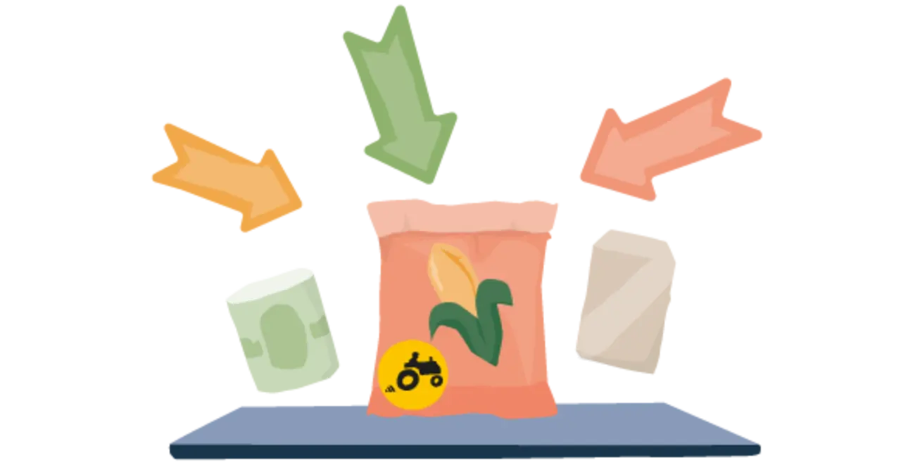 Eine Illustration symbolisiert das gemeinsame Netzwerk: Mehrere bunte Pfeile zeigen auf einen Sack mit regionalem Getreide.