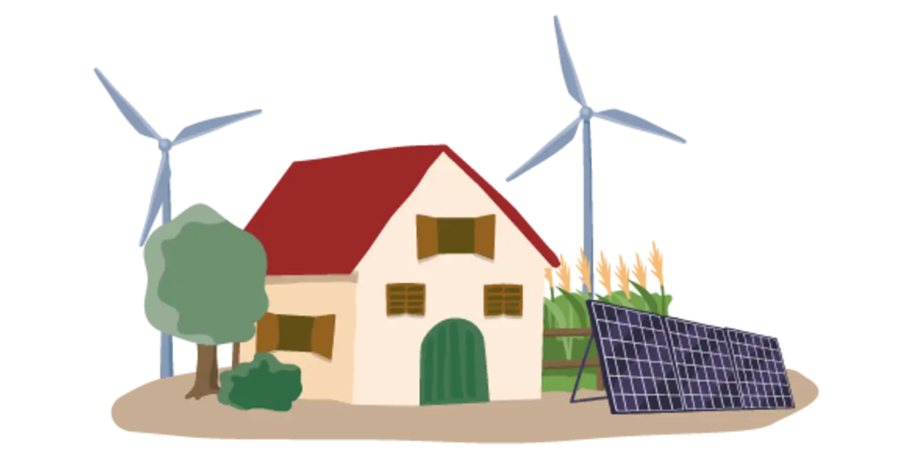 Vor einem lokalen Hof stehen Solarpanele. Im Hintergrund sind Windräder zu sehen. 