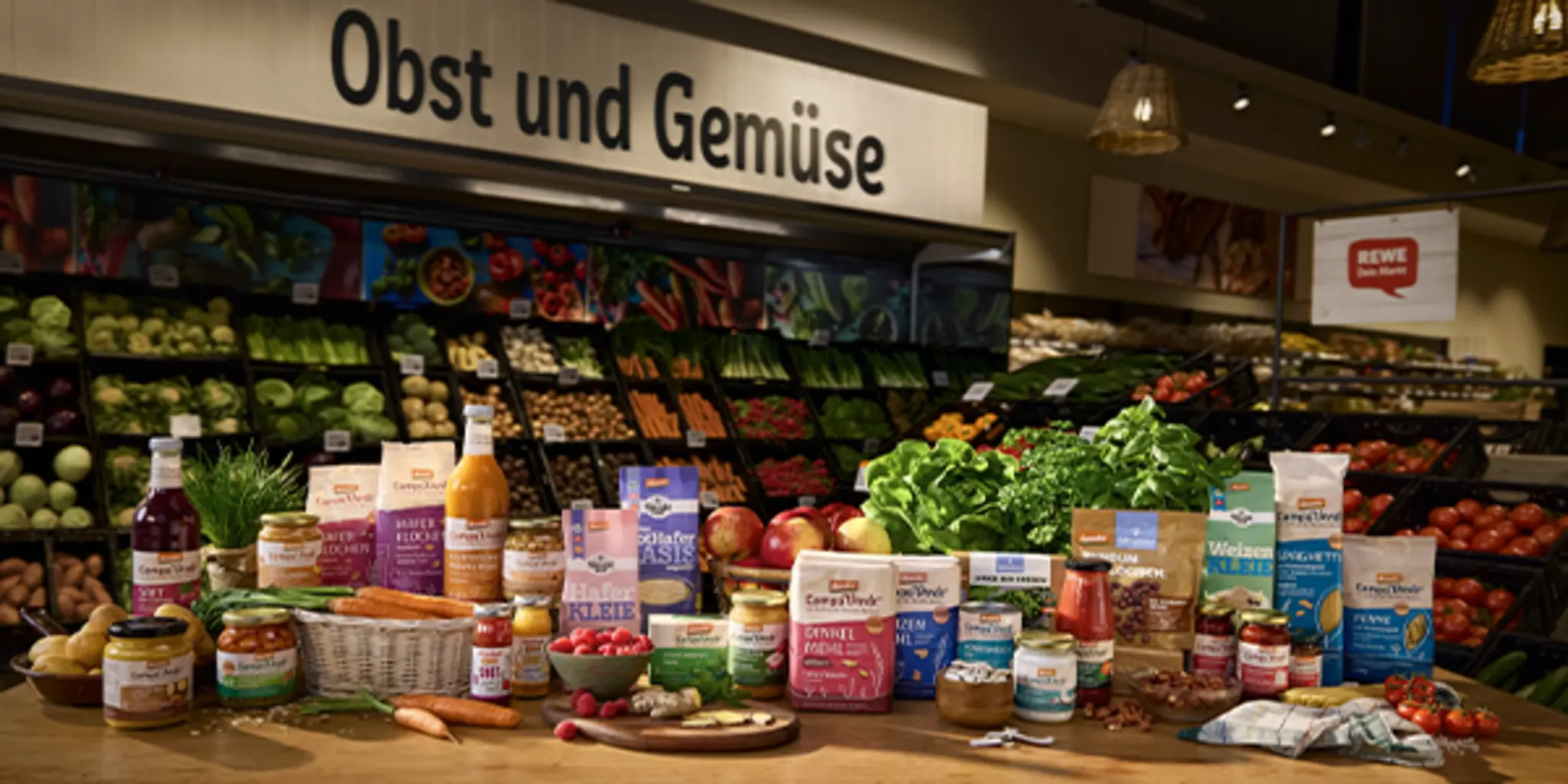 Auswahl an Demeter-Bio-Produkten vor der Obst- und Gemüseabteilung.