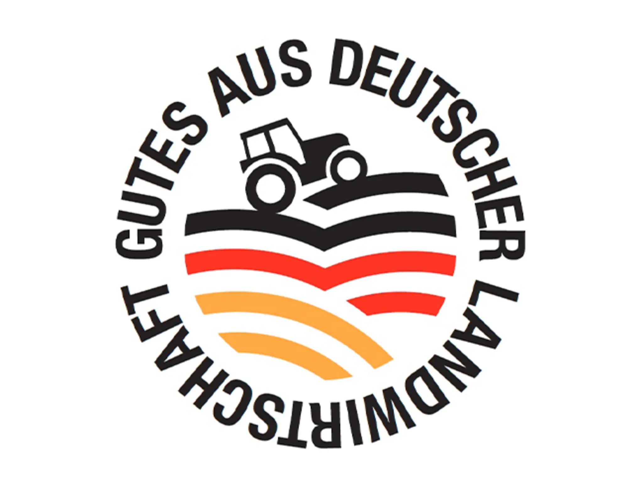 Das Herkunftskennzeichen Deutschland zeigt einen Traktor, der über ein Feld in Schwarz-Rot-Gold fährt. Ein Schriftzug ergänzt „Gutes aus deutscher Landwirtschaft“. 