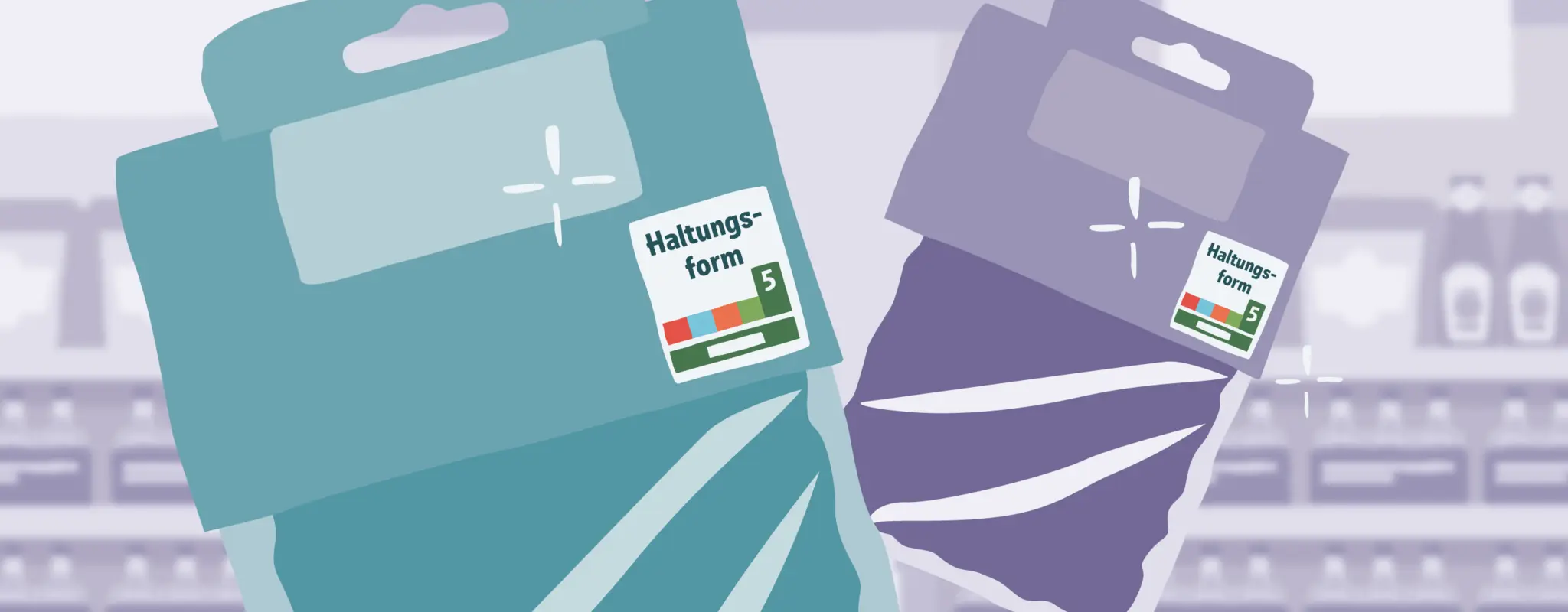 Die Illustration symbolisiert die Umstellung der Haltungsform von 4 auf 5 Stufen. Sie zeigt zwei verpackte Fleischprodukte aus der Nähe. Eine Verpackung ist mit dem alten Label „Stufe 4 – Premium“ gekennzeichnet. Die andere trägt das neue Label „Stufe – Bio“. Ein Pfeil verdeutlicht die Änderung.