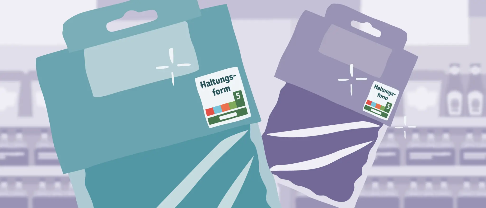 Die Illustration symbolisiert die Umstellung der Haltungsform von 4 auf 5 Stufen. Sie zeigt zwei verpackte Fleischprodukte aus der Nähe. Eine Verpackung ist mit dem alten Label „Stufe 4 – Premium“ gekennzeichnet. Die andere trägt das neue Label „Stufe – Bio“. Ein Pfeil verdeutlicht die Änderung. 