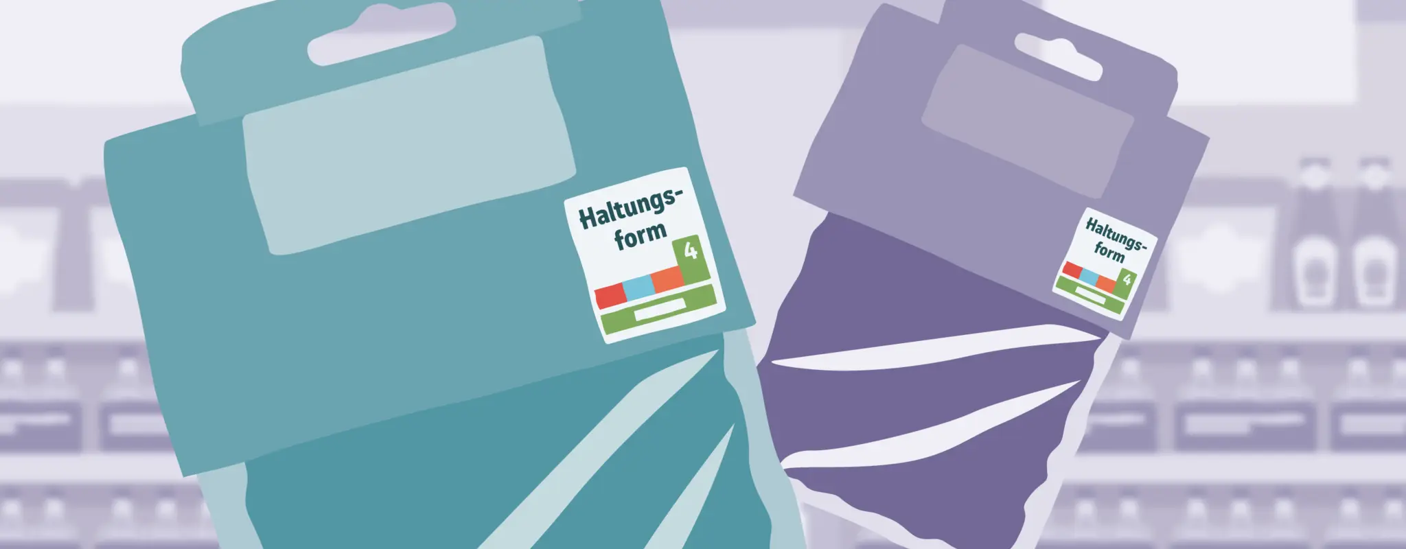 Die Illustration symbolisiert die Umstellung der Haltungsform von 4 auf 5 Stufen. Sie zeigt zwei verpackte Fleischprodukte aus der Nähe. Eine Verpackung ist mit dem alten Label „Stufe 4 – Premium“ gekennzeichnet. Die andere trägt das neue Label „Stufe – Bio“. Ein Pfeil verdeutlicht die Änderung.