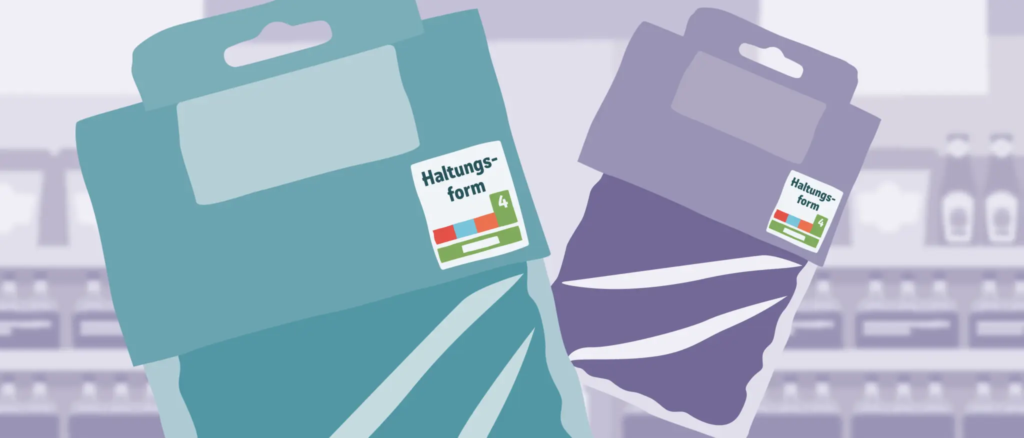 Die Illustration symbolisiert die Umstellung der Haltungsform von 4 auf 5 Stufen. Sie zeigt zwei verpackte Fleischprodukte aus der Nähe. Eine Verpackung ist mit dem alten Label „Stufe 4 – Premium“ gekennzeichnet. Die andere trägt das neue Label „Stufe – Bio“. Ein Pfeil verdeutlicht die Änderung. 