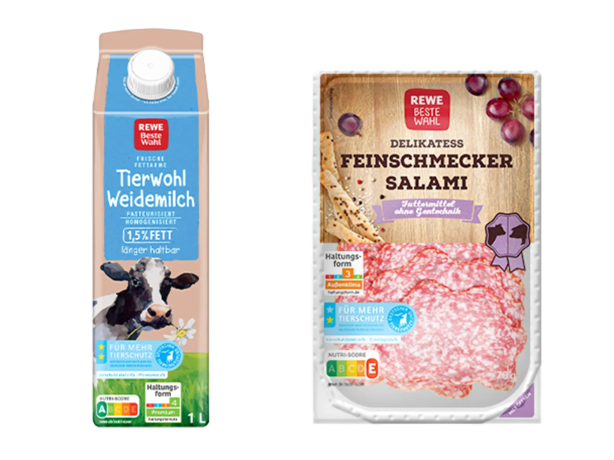 Eine Packung REWE Beste Wahl Weide Vollmilch und eine Packung REWE Beste Wahl Feinschmecker Salami. Beide Produkte tragen das blaue Label „Für mehr Tierschutz. Zertifiziert nach den Richtlinien des Deutschen Tierschutzbundes.“ 