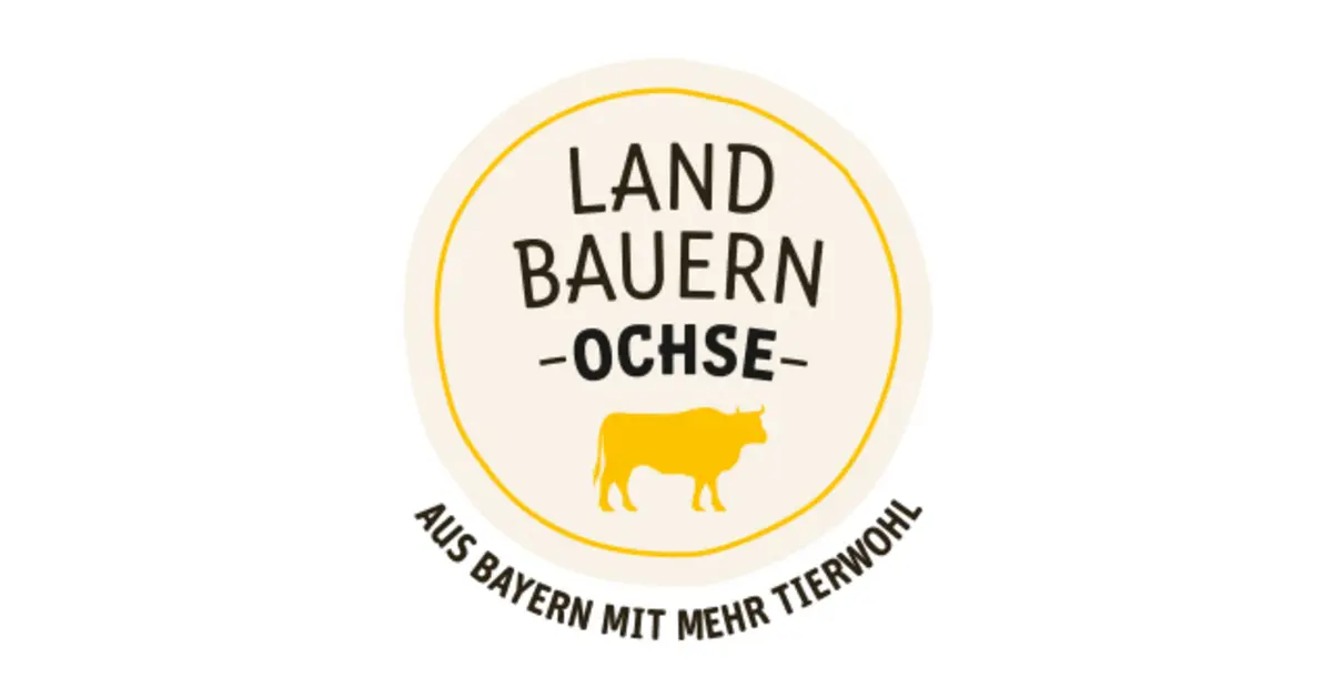 Das Logo mit der Aufschrift „Landbauern Ochse. Aus Bayern mit mehr Tierwohl“ zeigt einen illustrierten Ochsen. 