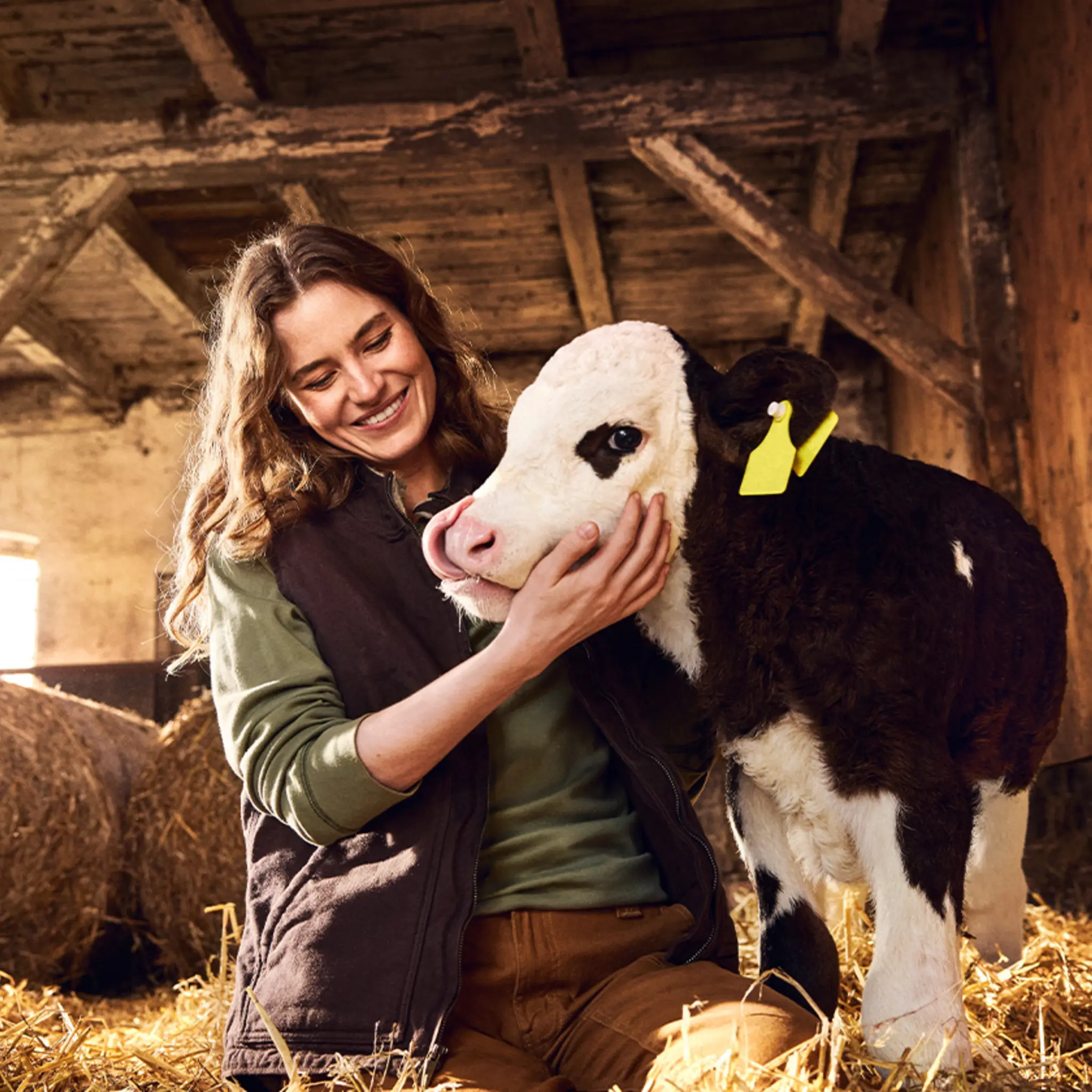 Eine Frau steichelt eine Kalb