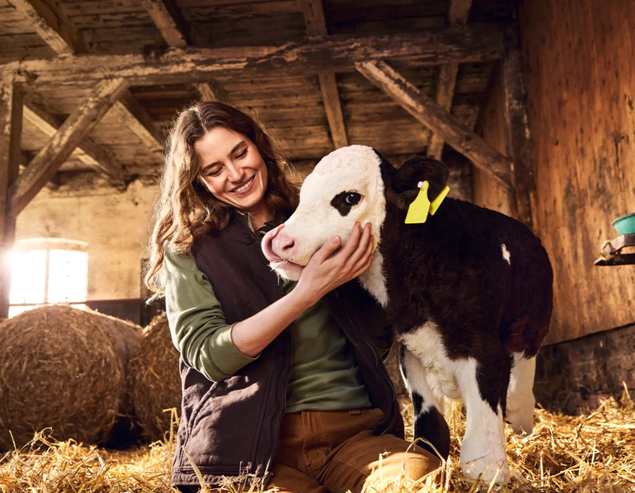 Eine Frau steichelt eine Kalb