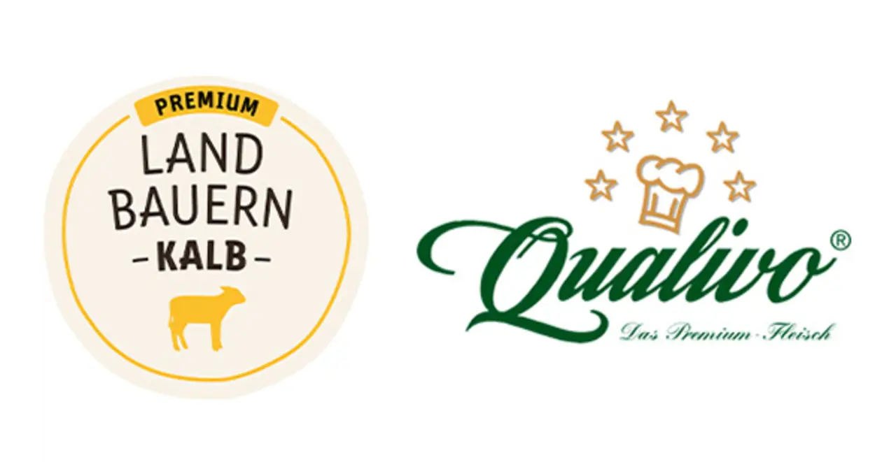 Logo mit der Aufschrift "Premium Landbauern Kalb" und ein Logo mit der Aufschrift "Qualivo"