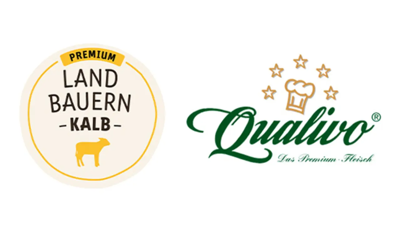 Logo mit der Aufschrift "Premium Landbauern Kalb" und ein Logo mit der Aufschrift "Qualivo"