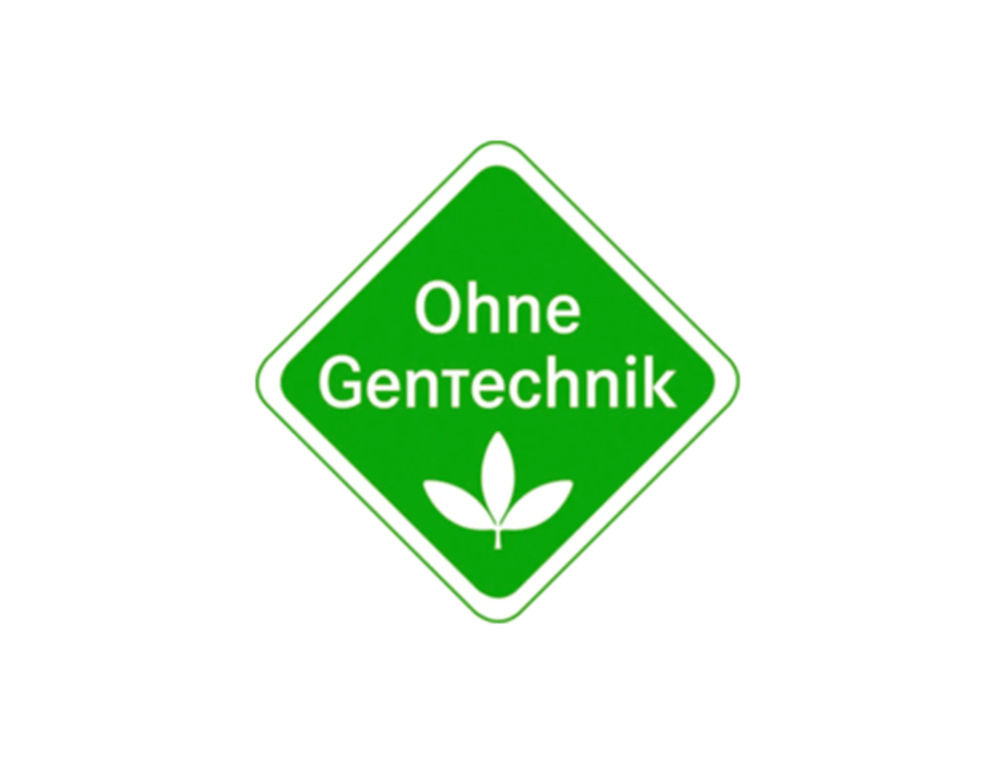 Ein grünes, rautenförmiges Logo mit der Aufschrift „Ohne Gentechnik“.