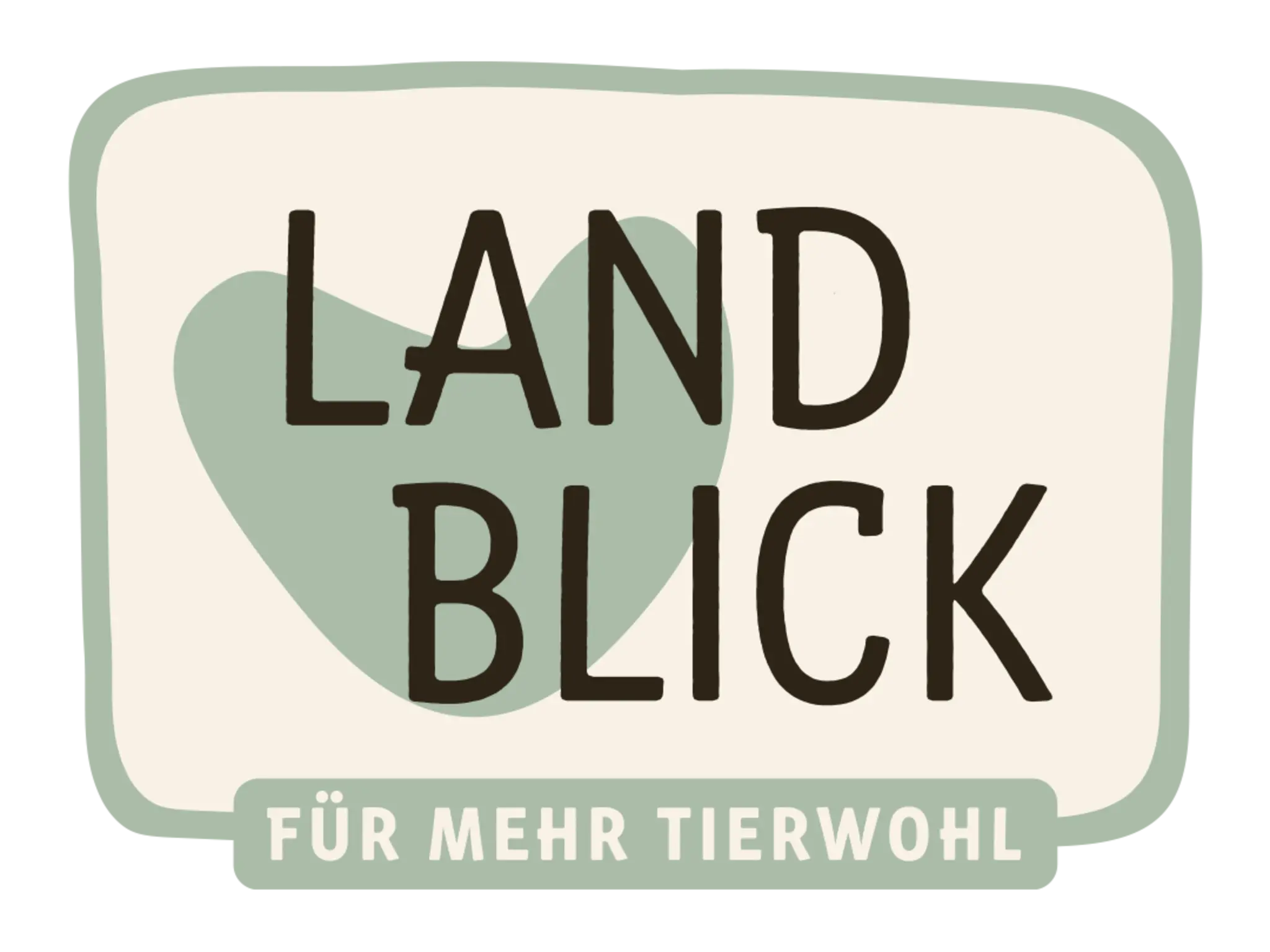Landblick-Logo, grünes Herz mit grünem Rechteck und dem Untertext „Für mehr Tierschutz”