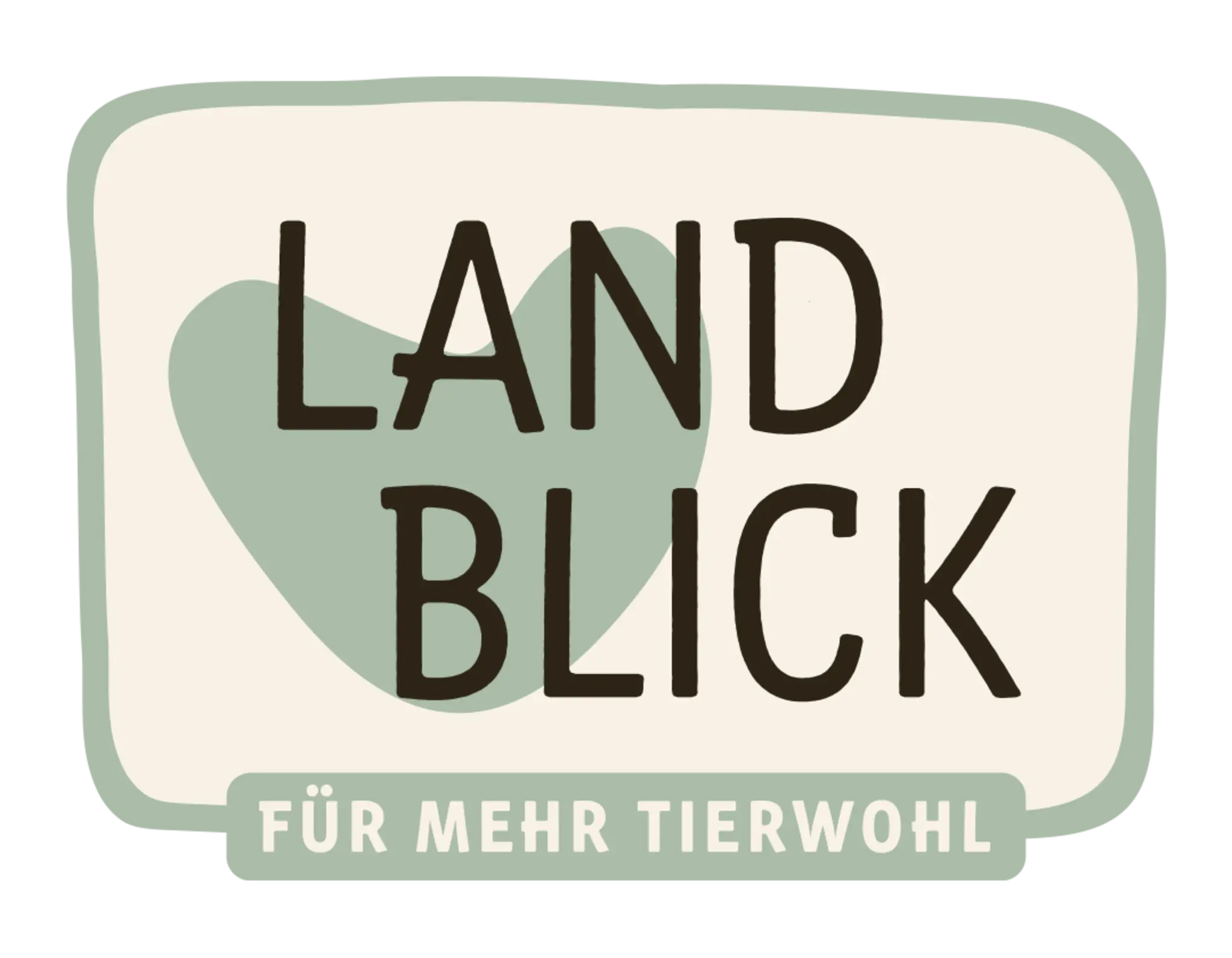 Landblick-Logo, grünes Herz mit grünem Rechteck und dem Untertext „Für mehr Tierschutz”
