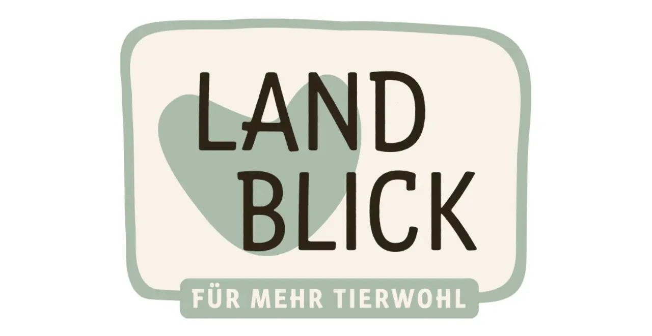 Landblick-Logo, grünes Herz mit grünem Rechteck und dem Untertext „Für mehr Tierwohl".