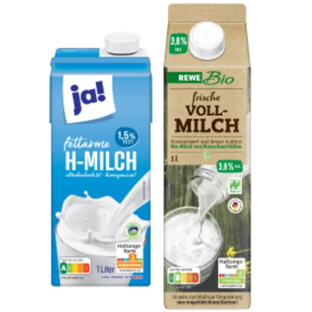 Eine Packung ja! fettarme H-Milch und eine Packung REWE Bio frische Vollmilch.