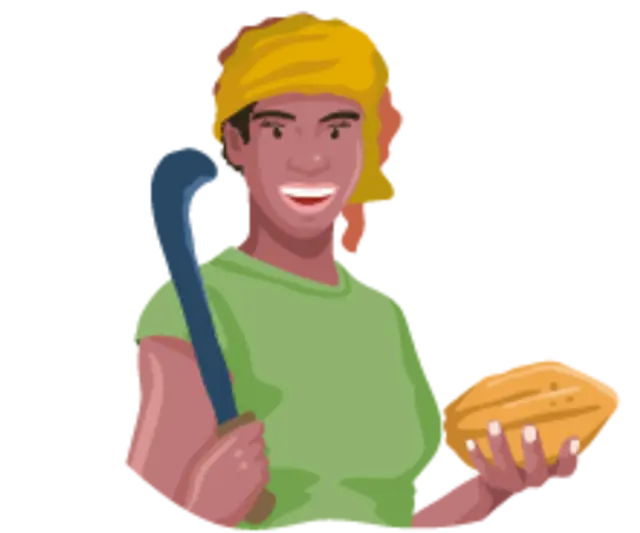 Eine illustrierte Kleinbäuerin hält in der einen Hand eine Kakaoschote und in der anderen ein scharfes Messer.